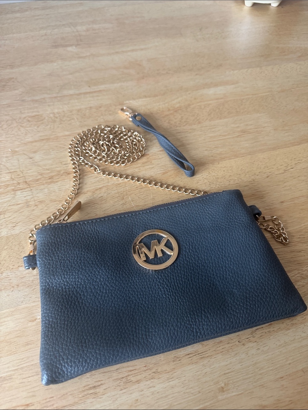 Michael Kors Navy Pebbled Leather Wristlet with Gold Chain Strap